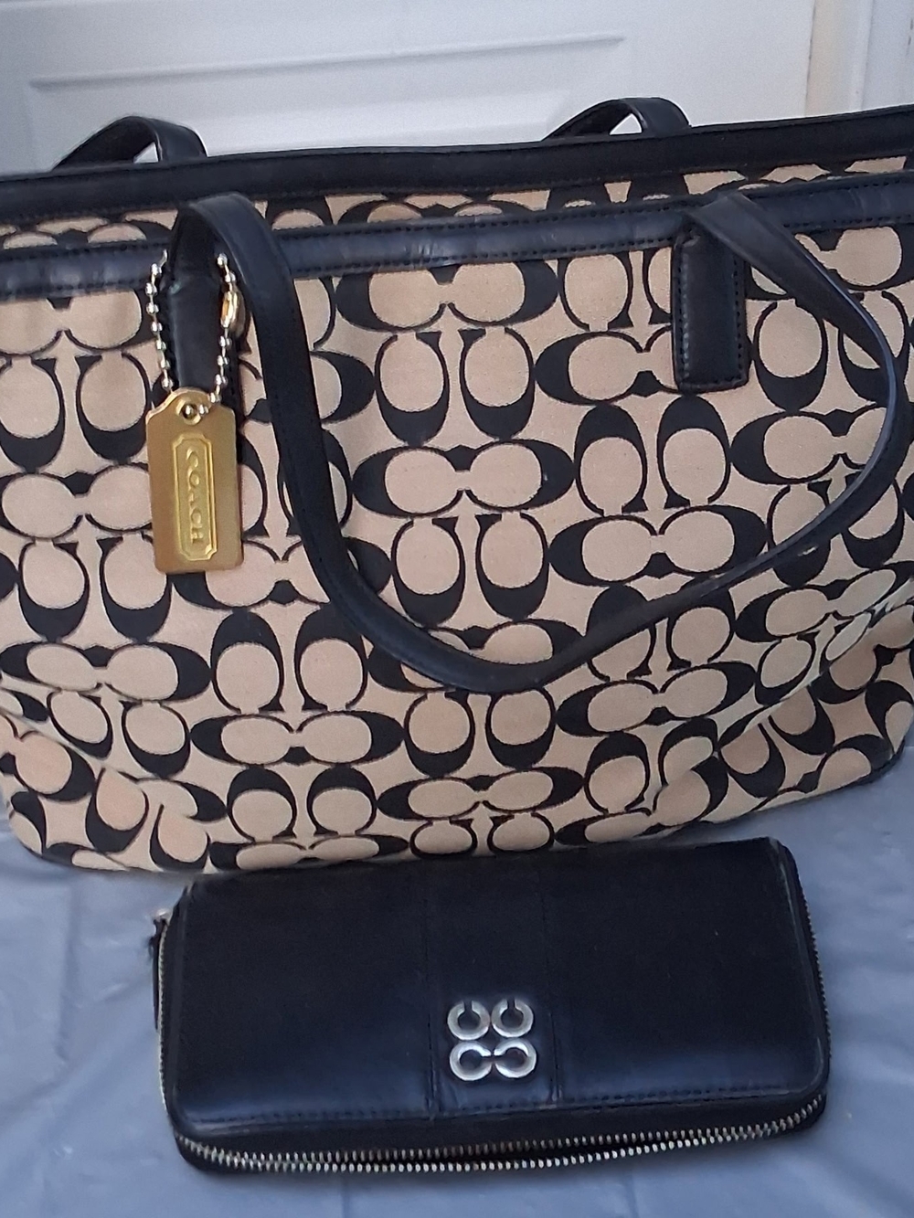 Coach Beige Signature Tote with Black Trim and Gold Tag With Wallet